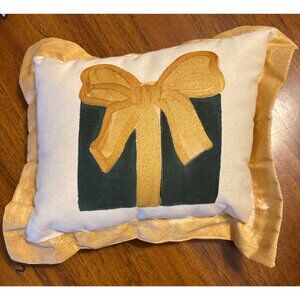Decorative Throw Pillow With Gold Ribbon Design & Glittered Ruffle Trim